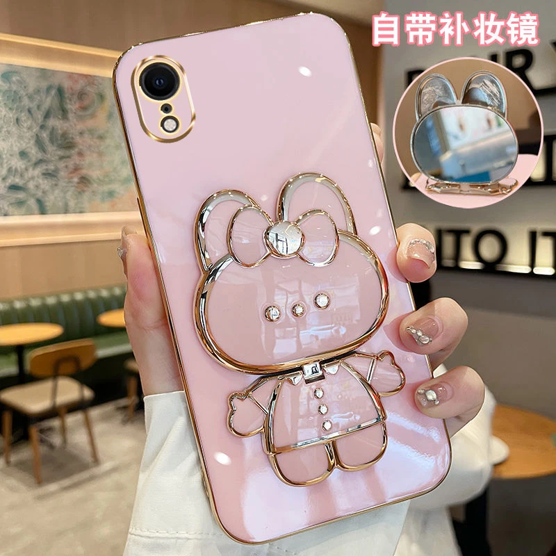 适用苹果XR手机壳兔子补妆镜iPhoneXR全包防摔硅胶网红女款电镀薄