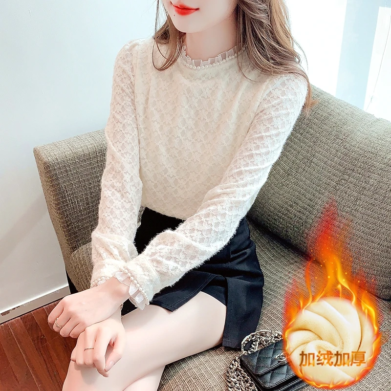 洋气木耳边蕾丝打底衫女士2025冬季新款加绒加厚内搭小衫法式上衣