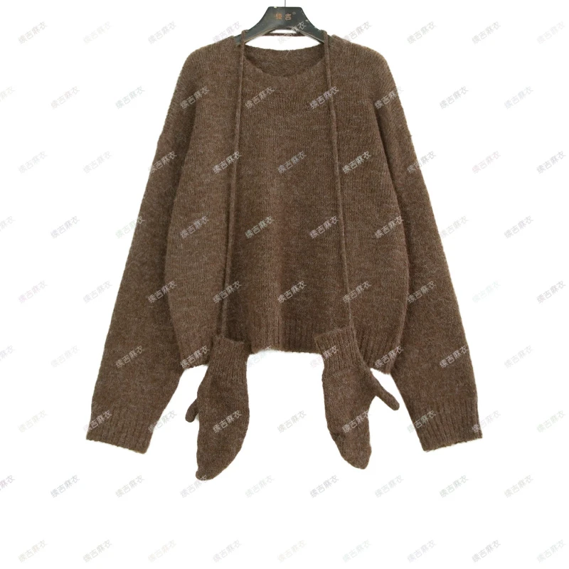 原创设计24-1652【浮世繁华】复古镂空宽松圆领手套和毛衣两件套