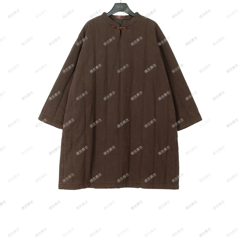 原创设计24-1770亚麻100复古宽松中式中长款中国风秋冬棉衣