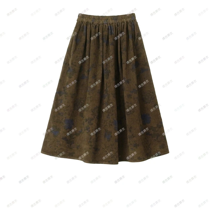 原创设计24-2016【淡墨素影】百搭复古秋冬灯芯绒印花加厚半裙