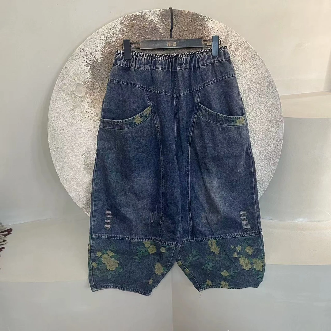 原创设计14-01蓝色休闲百搭破洞阔腿牛仔裤