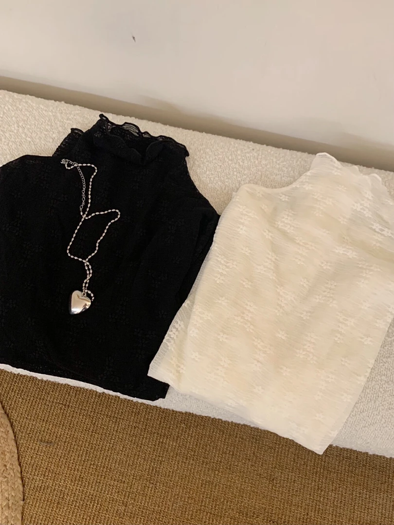 高领蕾丝打底衫女秋冬高级感木耳边洋气内搭纱衣镂空小衫上衣