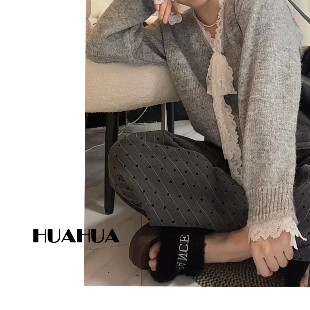 加厚慵懒风针织毛衣女2024秋新款蕾丝边系带V领打底衫中长款上衣