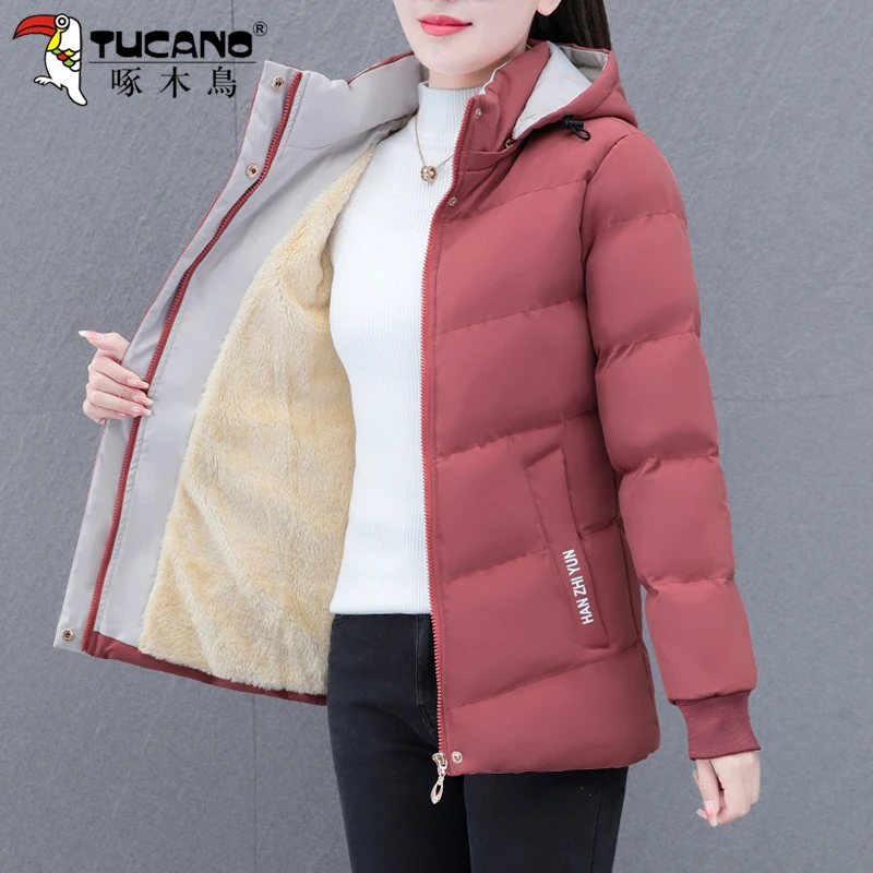 啄木鸟加绒棉服女2023新款冬季小个子加厚防寒保暖冬装棉衣黑外套