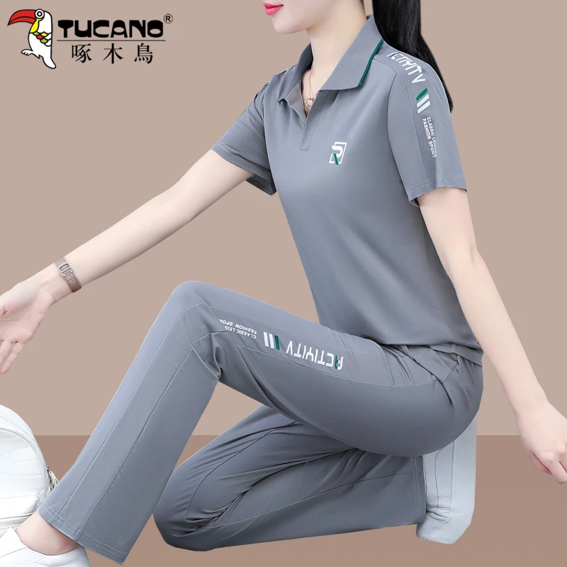啄木鸟品牌运动套装女夏季polo高档广场舞服装休闲薄款宽松两件套