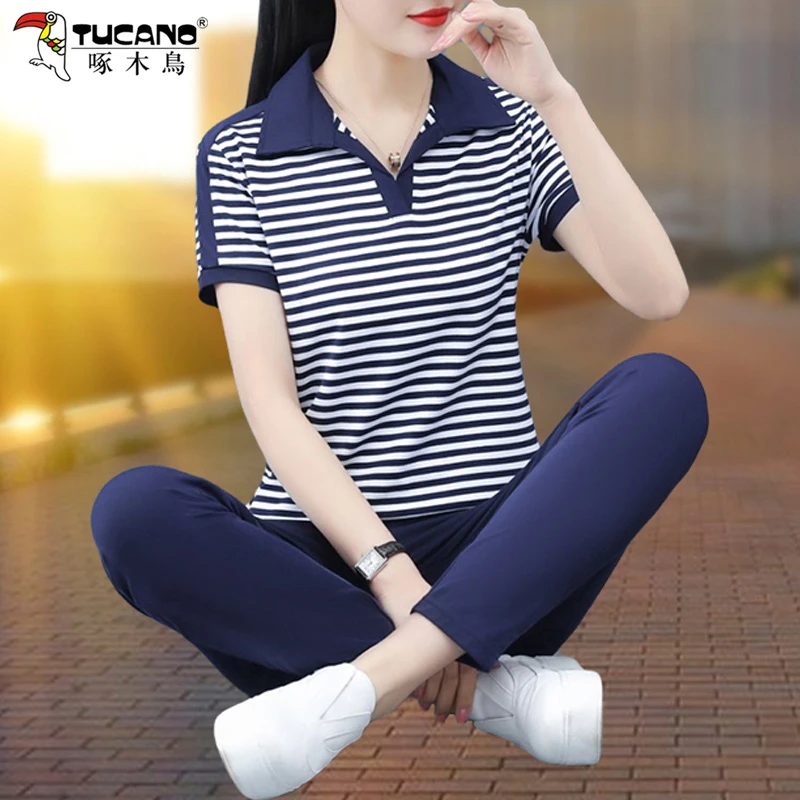 啄木鸟运动套装女夏季薄款2025年新款宽松条纹时尚洋气休闲两件套