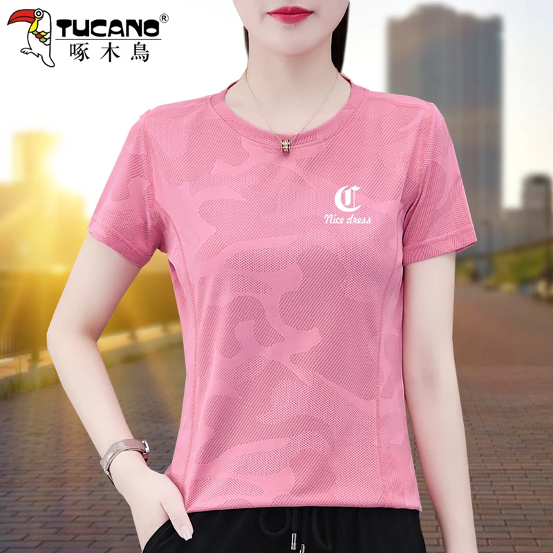 啄木鸟圆领短袖t恤女夏季2025新款妈妈宽松时尚冰感速干运动上衣