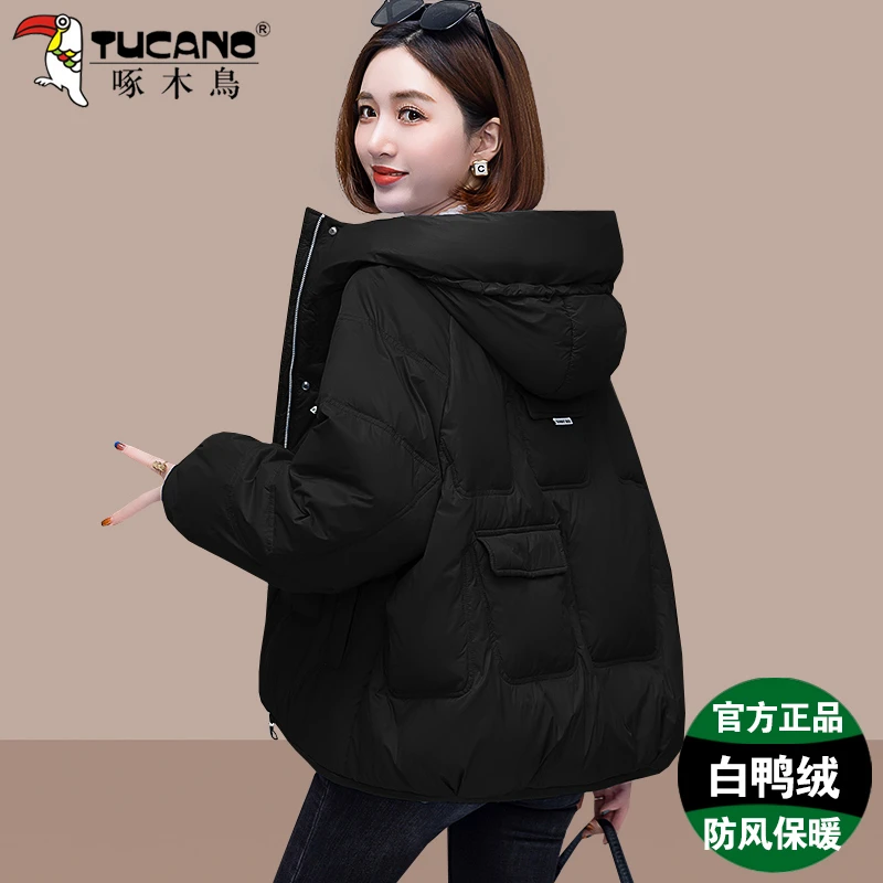 啄木鸟加厚羽绒服女冬季2024洋气休闲面包服连帽防风宽松保暖外套