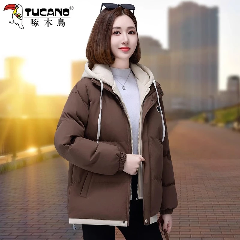 啄木鸟假两件棉衣女士冬季2025新款时尚洋气宽松韩版妈妈大码外套