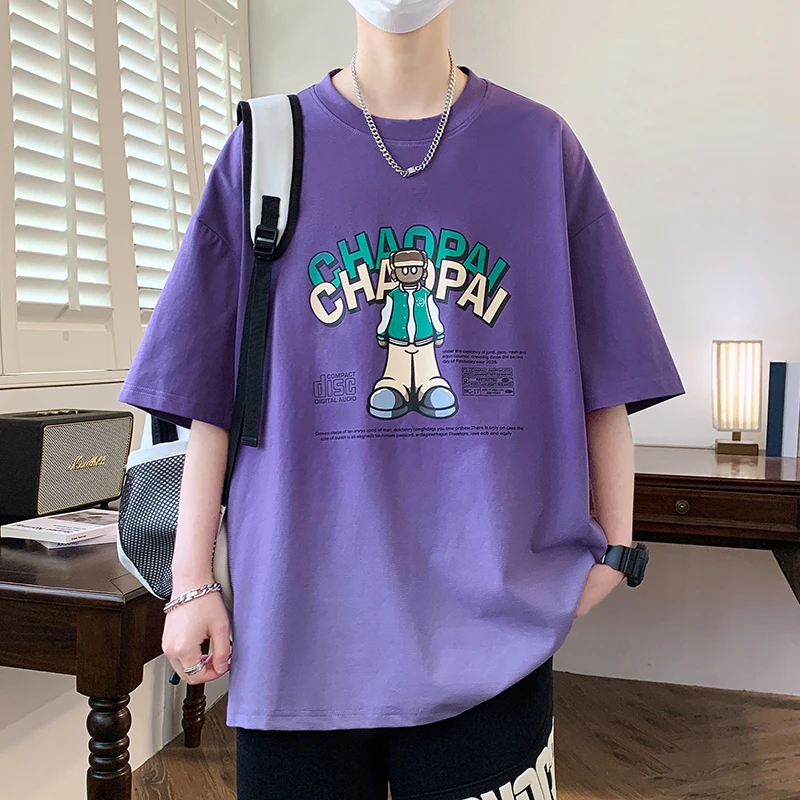 短袖t恤男孩青少年潮流宽松夏装帅气半袖休闲百搭港风简约男圆领