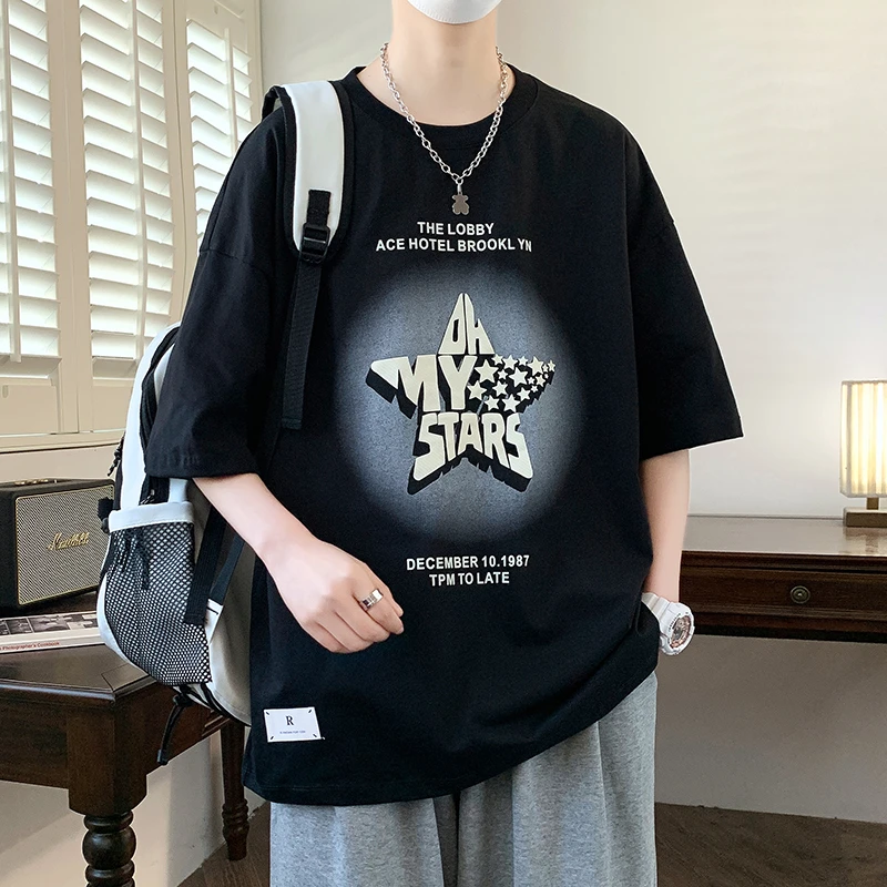 夏季棉短袖港风简约男青少年印花半袖体恤宽松男士印花个性潮t恤