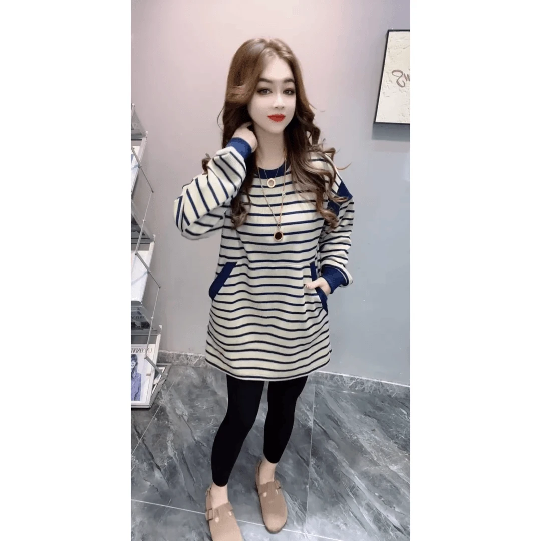 韩系撞色条纹长袖t恤圆领宽松遮肉显瘦百搭休闲上衣女洋气