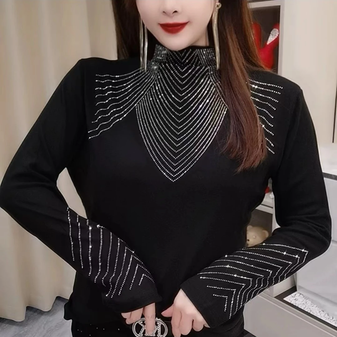 重工烫钻半高领黑色修身T恤衫女时尚小衫内搭上衣洋气百搭打底衫1