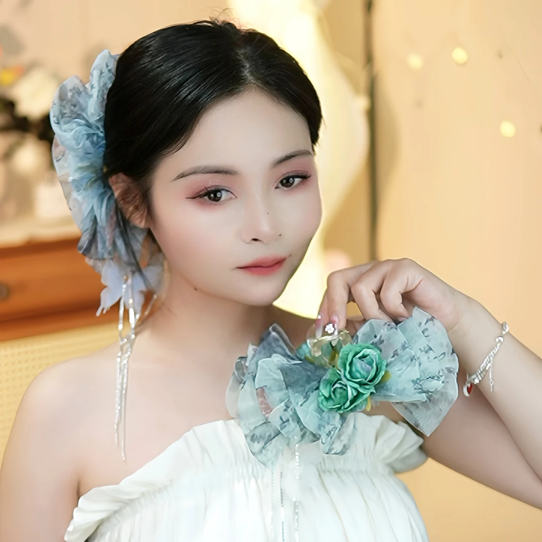 蝴蝶水晶流苏鲨鱼夹超仙新中式国风仙女抓夹手工花朵后脑勺盘发女