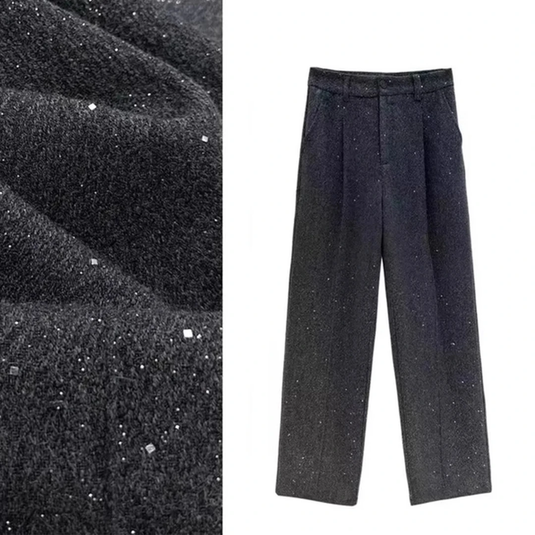 韩版轻奢亮闪闪羊毛休闲裤女2025冬季时尚加厚加绒阔腿直筒长裤子