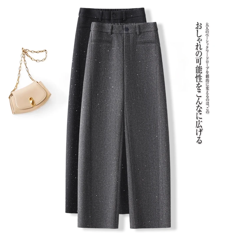 灰色亮闪闪欧货毛呢气质加绒加厚亮片垂感阔腿窄版休闲裤女秋冬