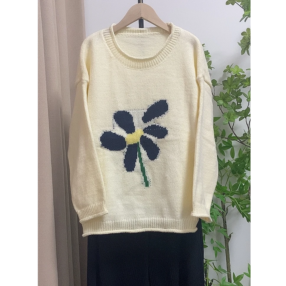秋冬提花卷边百搭毛衣针织衫宽松圆领提花设计师套头