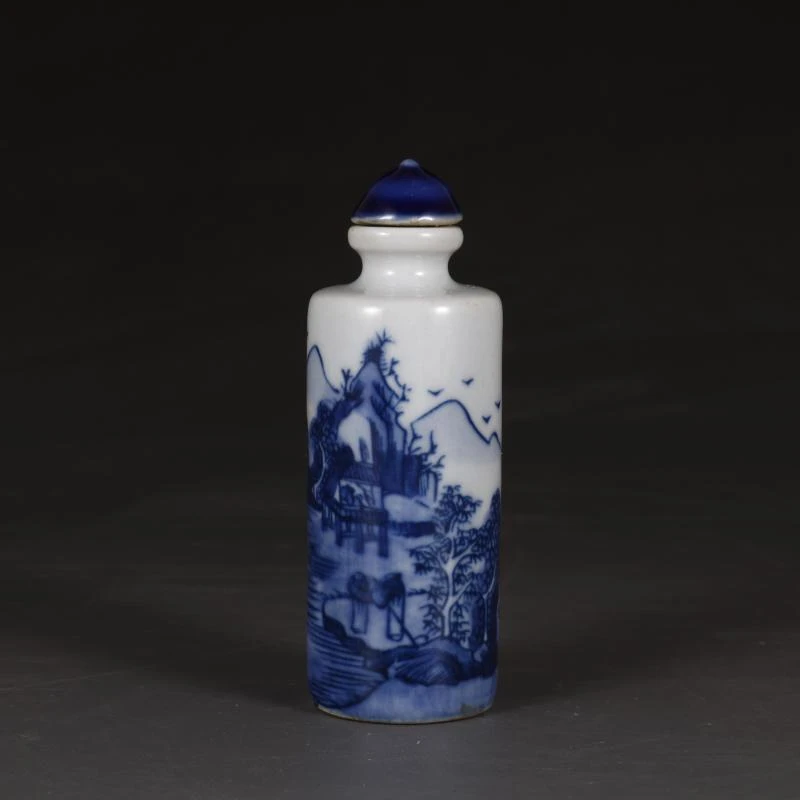 官窑青花山水纹鼻烟壶手工胎体手工绘画
