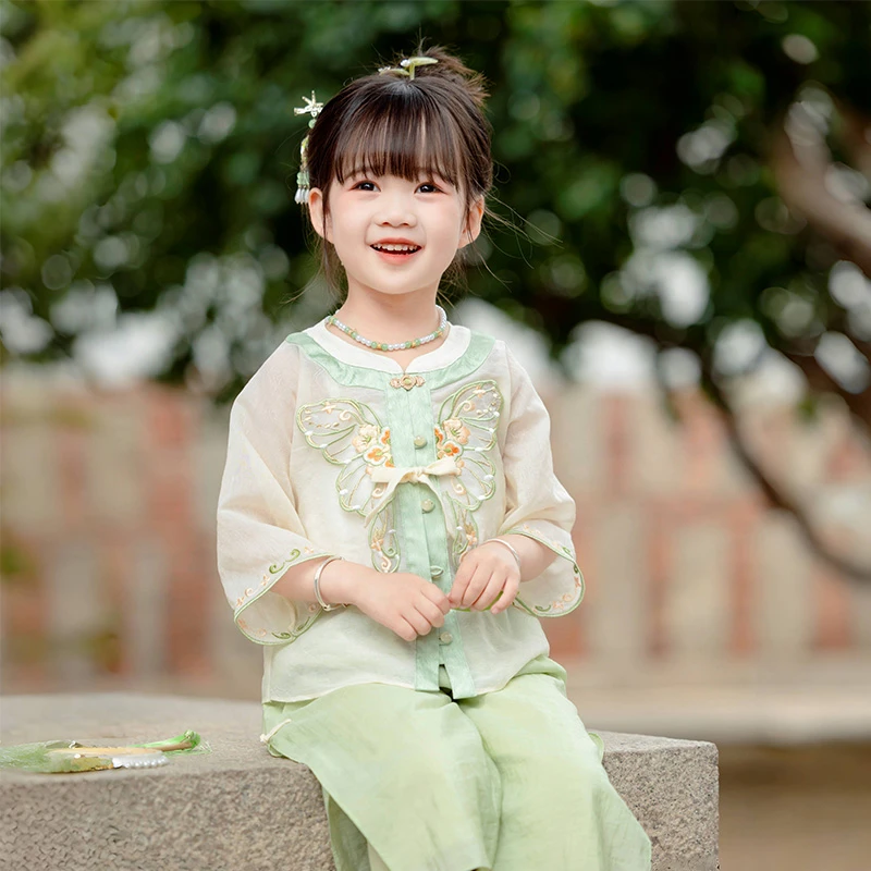 萌乎【花茶】夏季新款女童三件套中国风汉服明制长袖裤装爆款241660