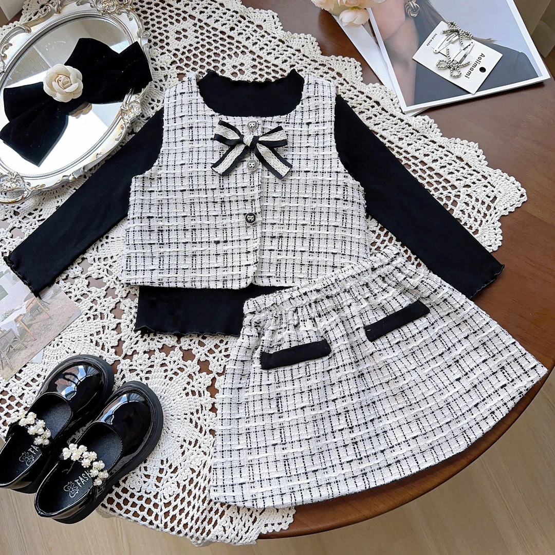 女童小香风套装秋季新款韩版洋气儿童马甲短裙两件套AQA338