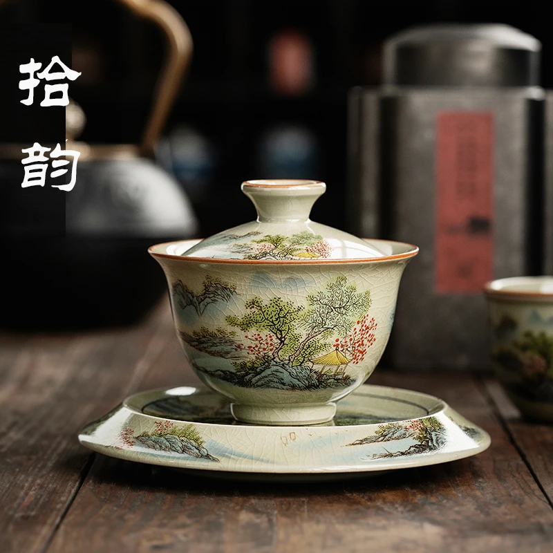拾韵老陶泥只此青绿盖碗茶杯三才盖碗大容量泡茶手功夫茶具 &C076