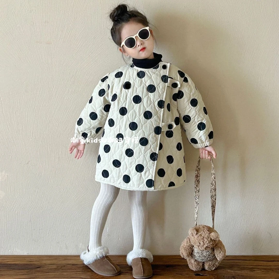 女童圆点中长款棉衣2024秋冬宝宝洋气新款夹棉绗线加厚波点棉衣