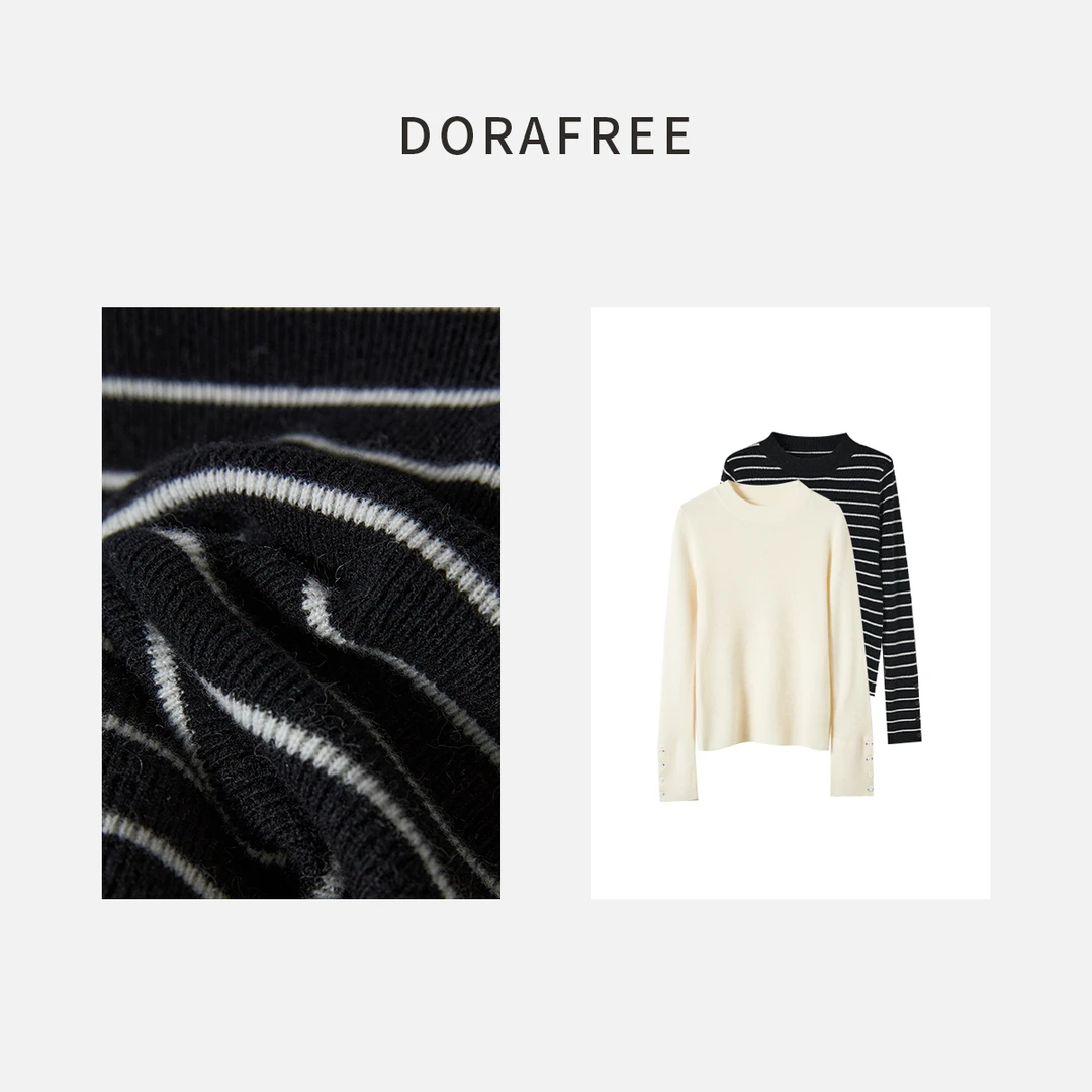 秋冬保暖女士圆领黑白条纹套头针织毛衣