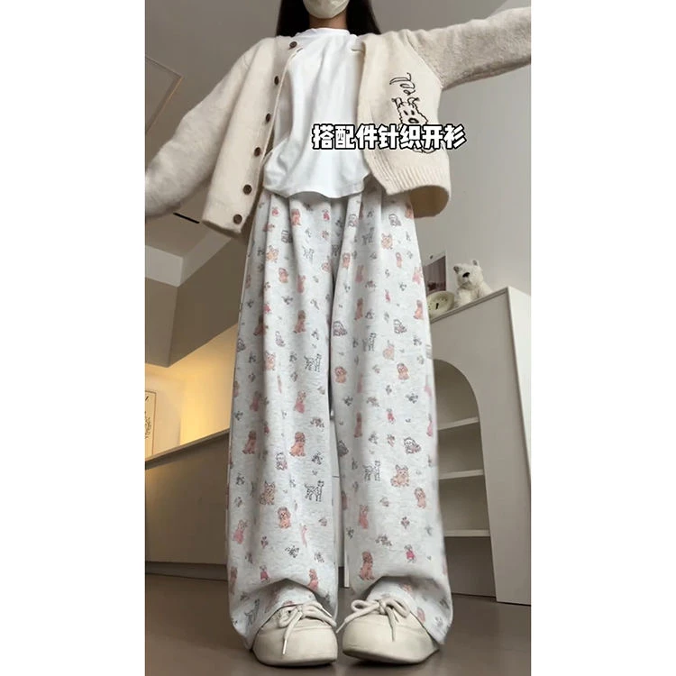 韩版简约动物狗狗休闲运动直筒裤秋冬款宽松网红松紧腰显瘦山本裤