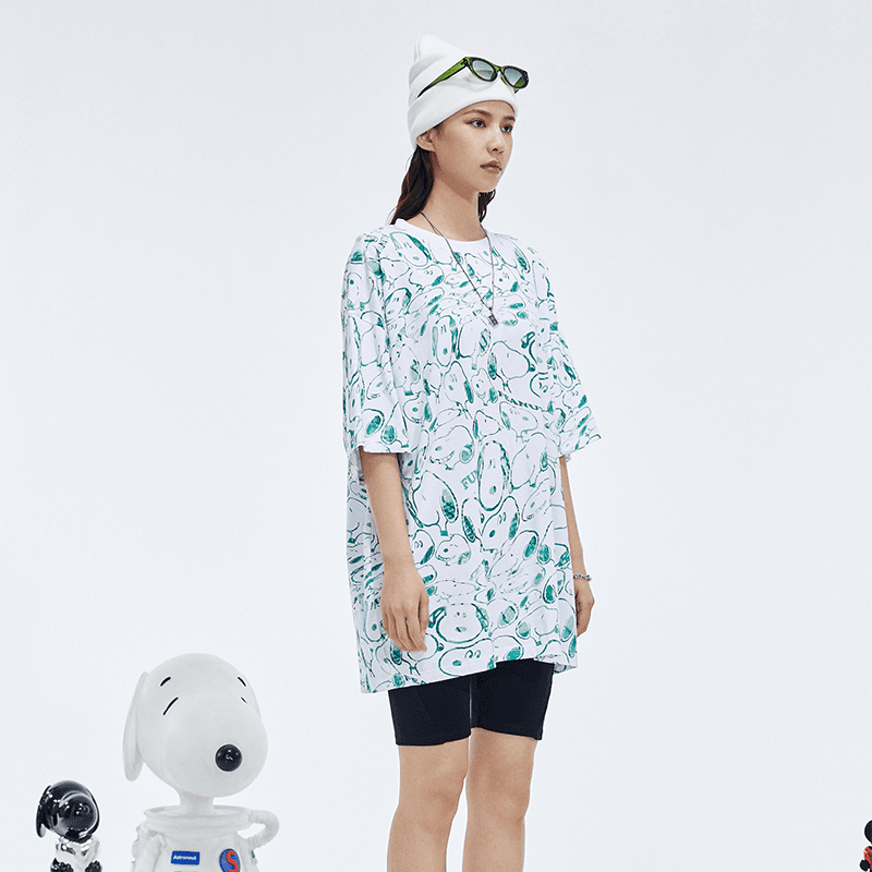 Fun潮牌夏季男款短袖T恤史努比联名印花宽松男女同款圆领渐变T恤