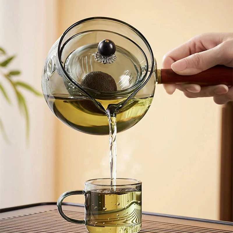 逍遥壶烟灰色泡茶壶红檀侧把壶煮茶器高硼硅耐热玻璃可电陶炉加热