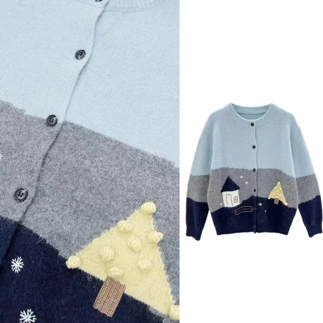 B门店4&69！ 童话小屋」精密电脑提花/600g撞色针织开衫外套女T4350