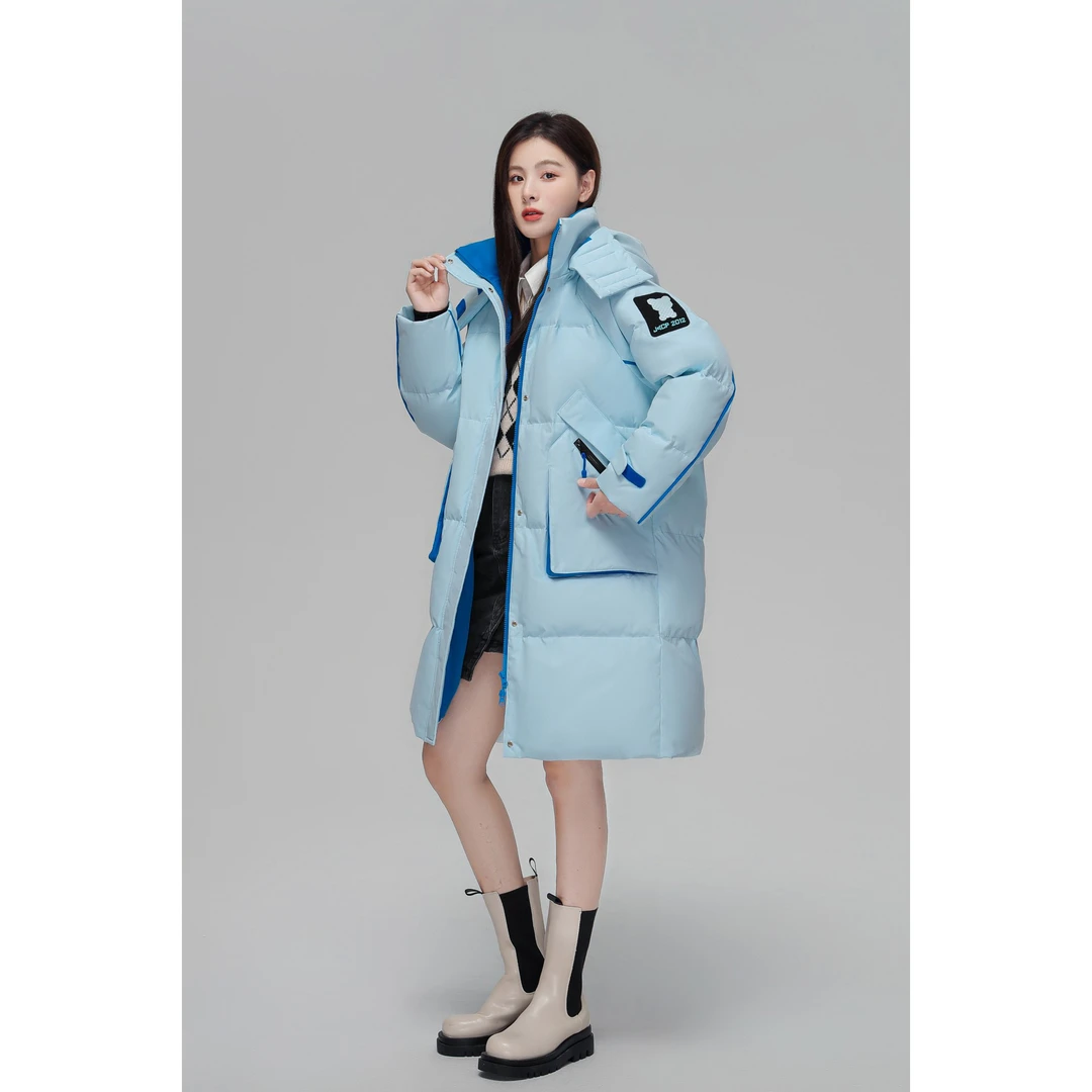 门店17&49！防风防水~90鸭绒廓形百搭撞色中长款羽绒服女 M13441