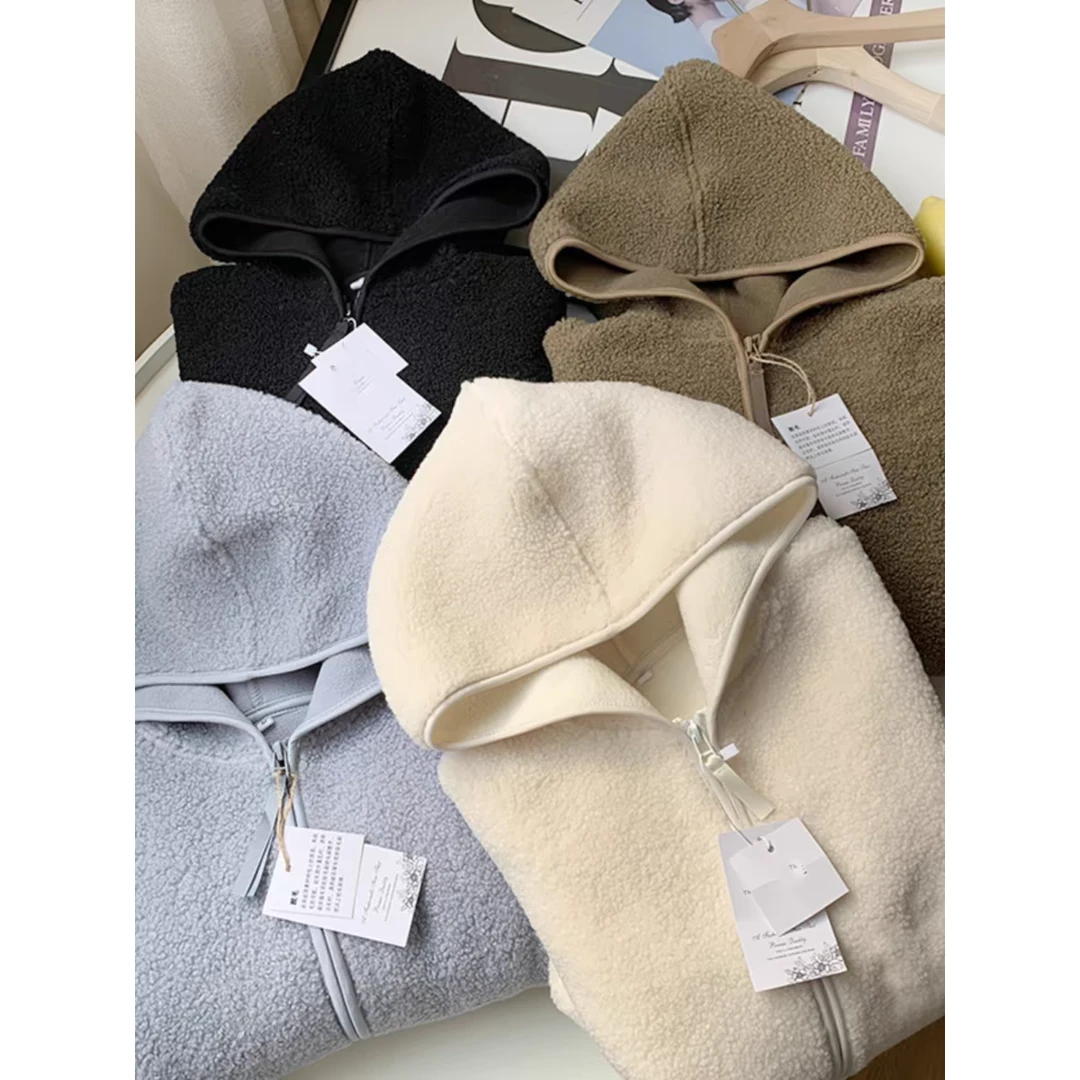 门店409！U厂代工出，颗粒泰迪绒/叠穿休闲百搭款连帽外套女 C19058