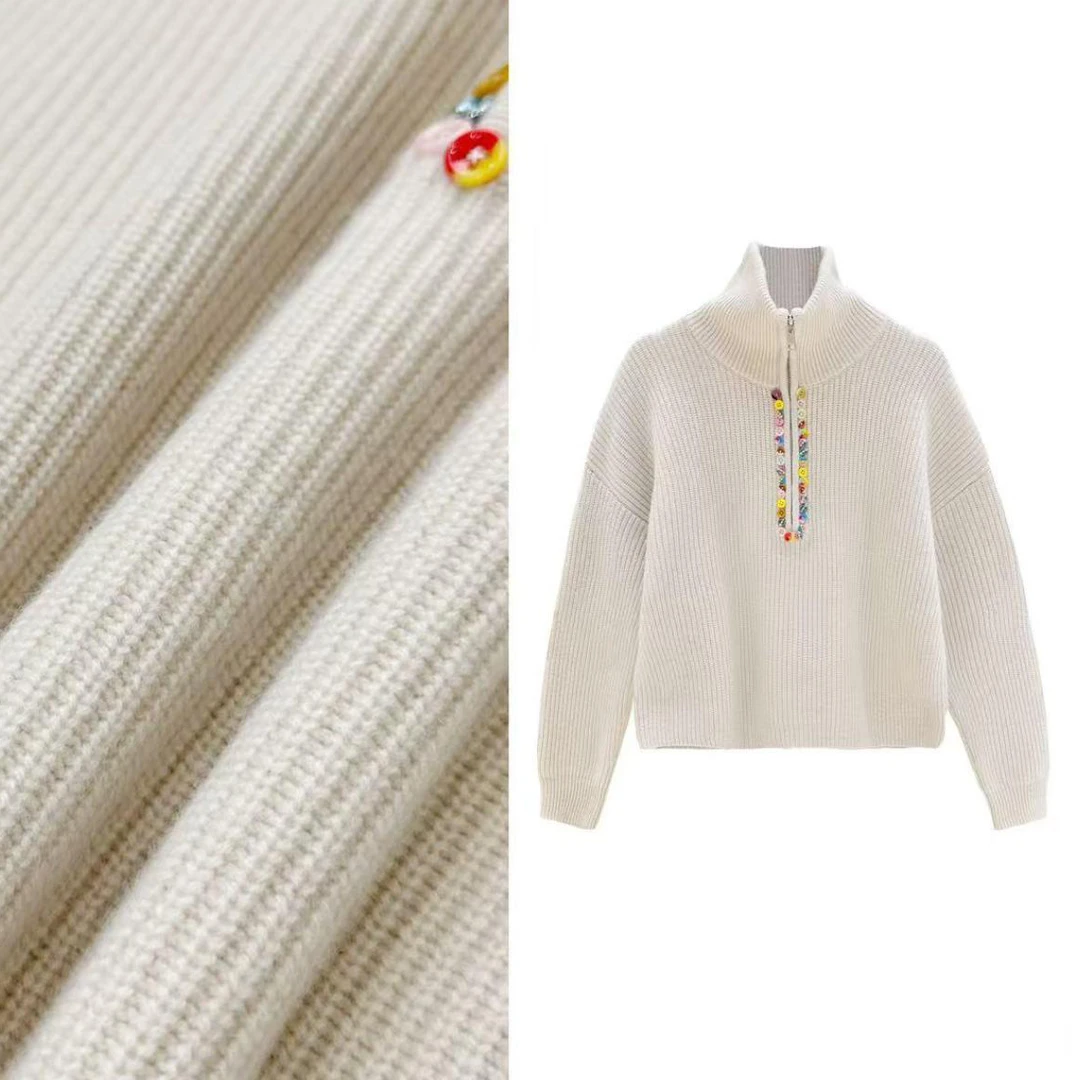 B 门店5&19！彩虹甜糖，松弛且篙笈/元宝针立领亲肤针织上衣女T4318