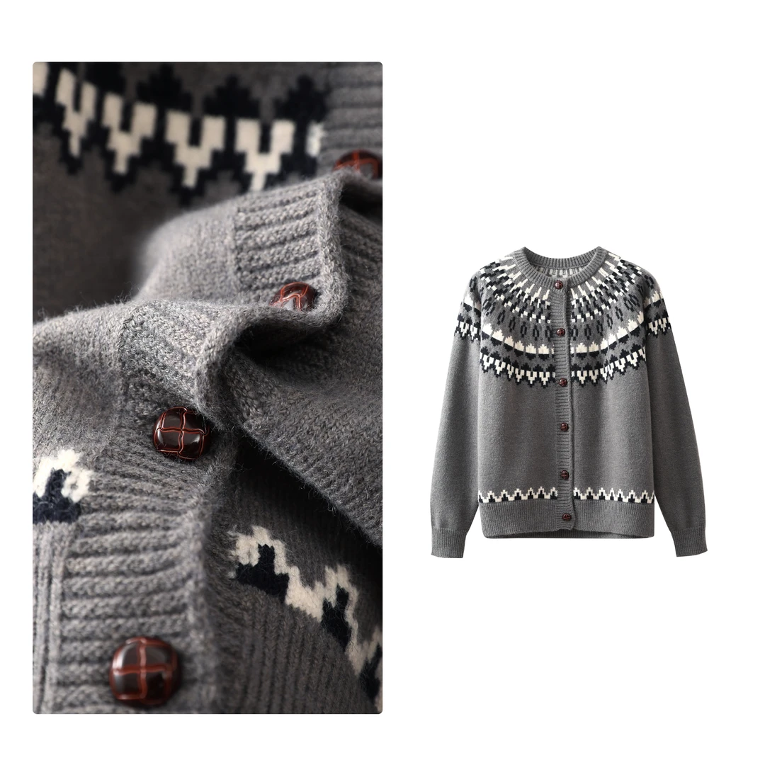 B 门店4&09！费尔岛提花，德囯机织/600g亲肤不扎针织开衫外套T3916