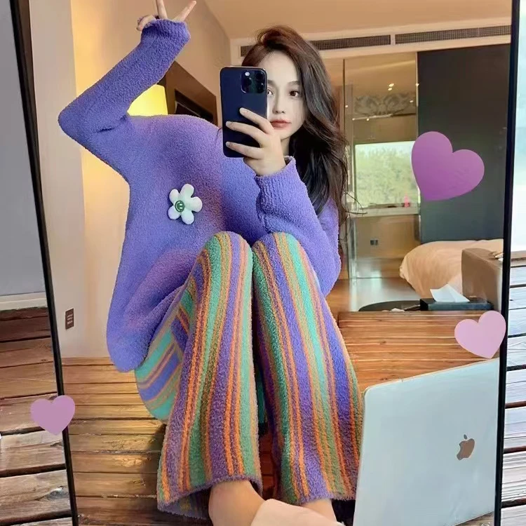 B 门店37&9！御寒半边绒，可拆卸花/暖冬必备撞色家居套装女 C19182