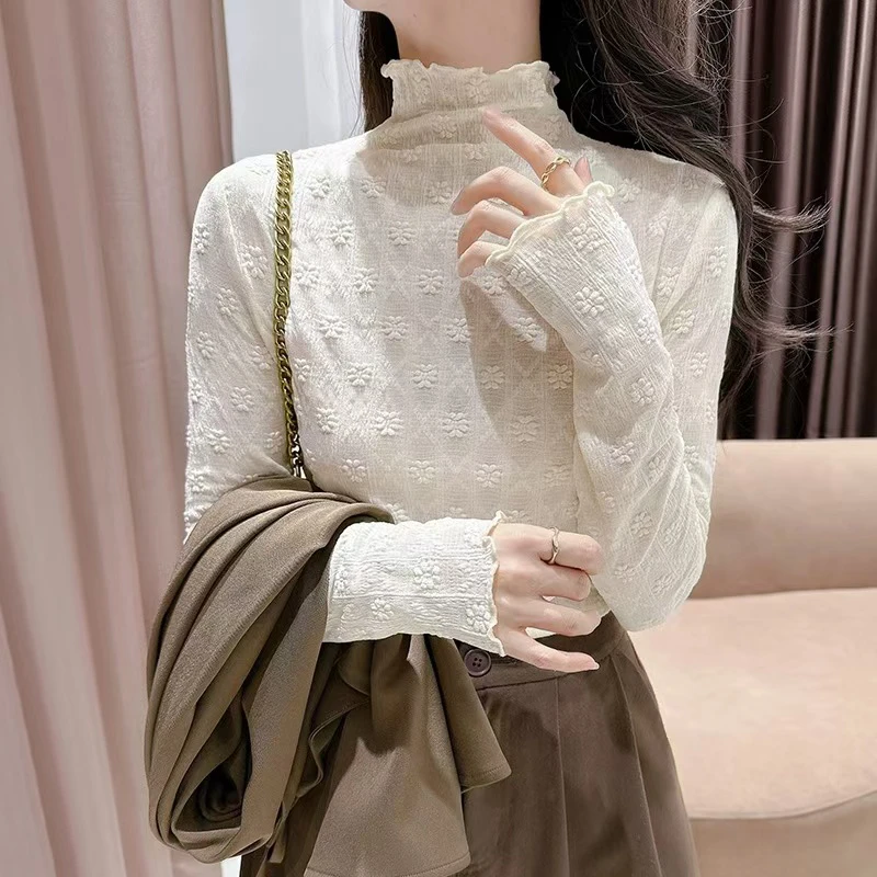 门店17&9！立体花朵压皱！蕾丝木耳边高领休闲显瘦打底衫女C18694