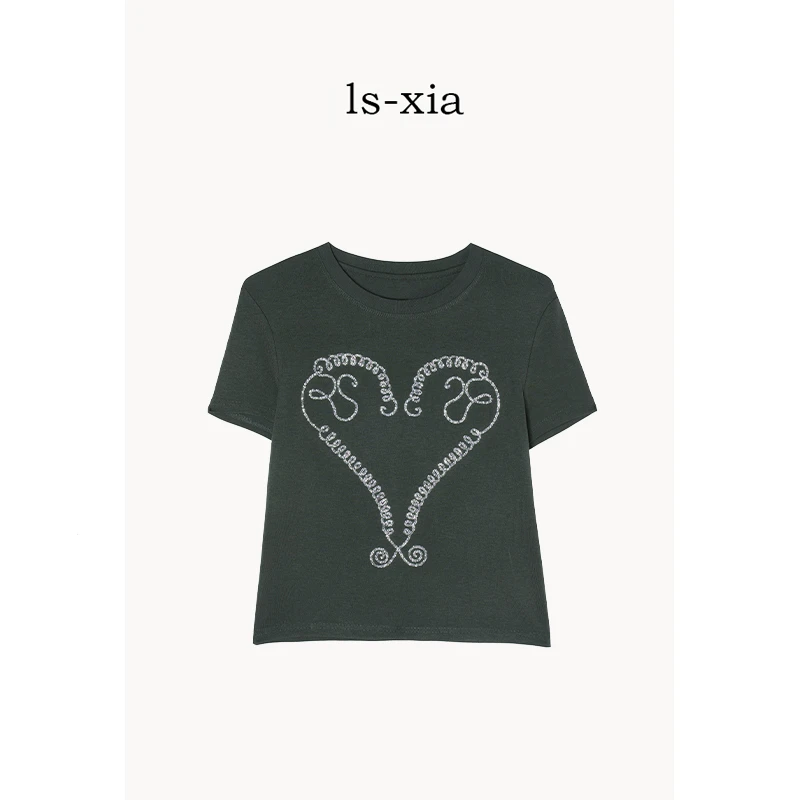 【艺术爱心】小众设计感爱心珠绣圆领短袖T恤暖灰调24YZ730