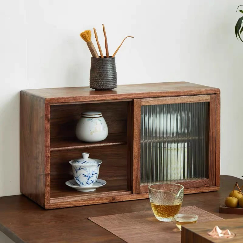 中式桌面实木厨房餐边柜黑胡桃杯子茶具收纳柜桌面双层玻璃门橱柜