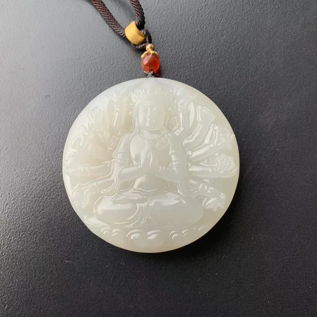 天然和田玉千手观音羊脂白玉油润细腻生肖鼠守护神男士挂件牌子