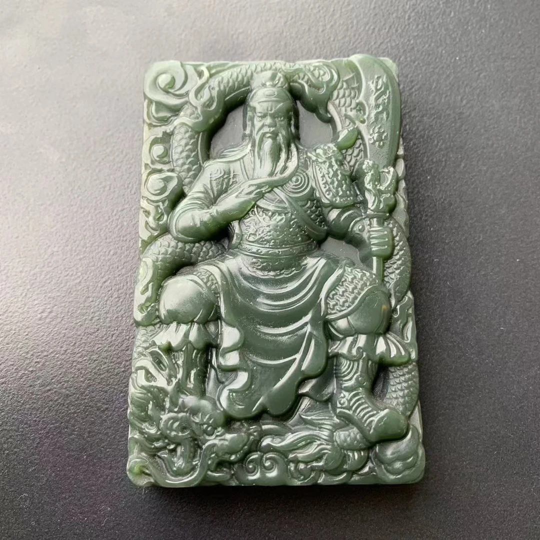 天然和田玉男士款霸气双面雕坐关公大刀玉牌伽蓝菩萨武财神