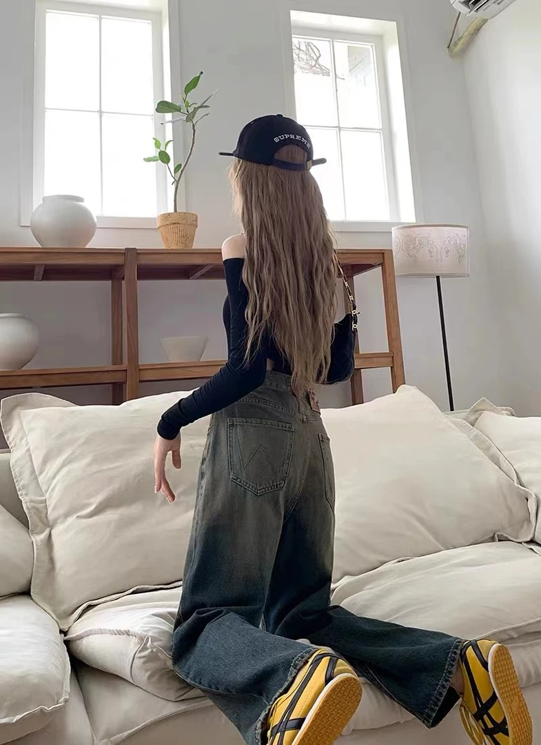 胖家：复古渐变高腰阔腿牛仔裤9165