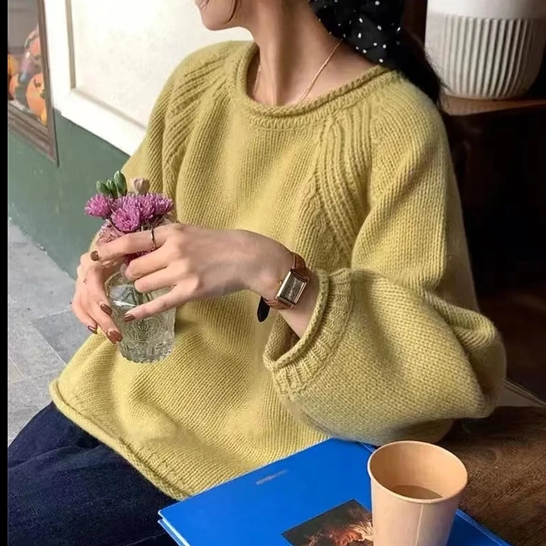 源禧手工/琥珀色卷边插肩袖圆领毛衣/编织视频教程/含算法