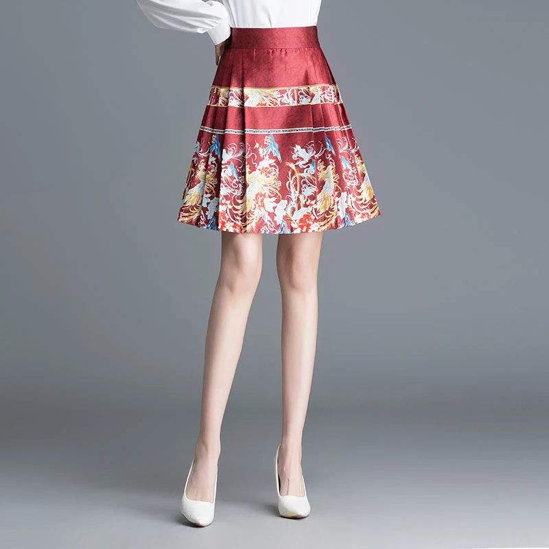 新中式国风马面裙百褶A字半身裙女新款2024夏季高腰显瘦印花短裙