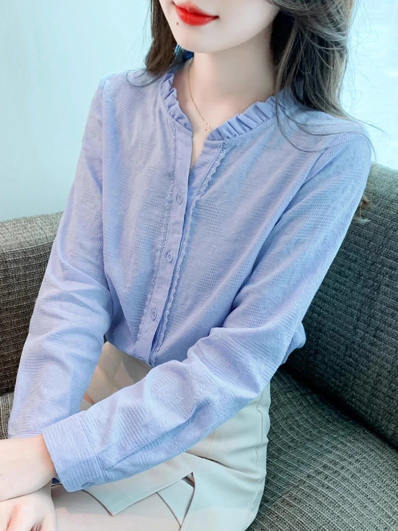 领长袖纯棉衬衫女秋装2024秋季新款洋气设计感百搭女士上衣小衫