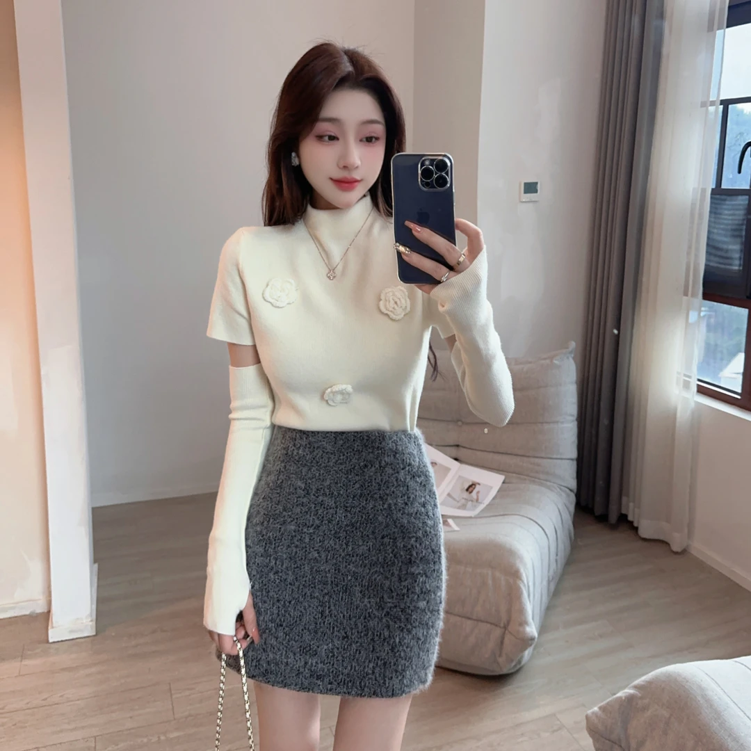 魔法佳佳【千颂伊】甜美气质半高领立体花朵百搭毛衣+袖套B273