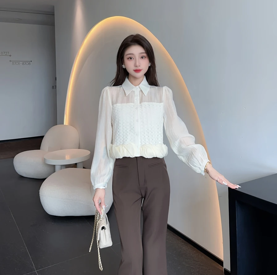 魔法佳佳【苏洛米亚】新款女微闪蕾丝立体钉珠荷叶边设计上衣B56