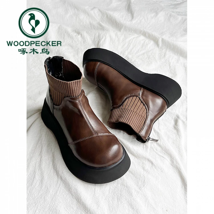 啄木鸟厚底后拉链英伦马丁靴女2024秋冬季短靴切尔西靴女针织袜靴