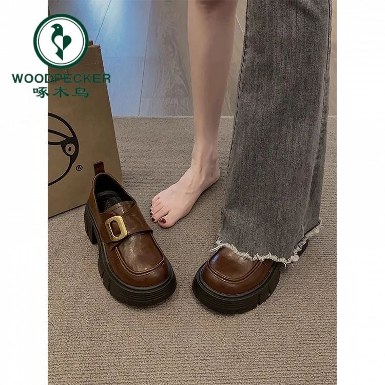 啄木鸟乐福鞋女2024新款早秋季鞋子复古英伦风黑色厚底百搭小皮鞋